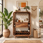 Bentwood Frame Bar Cabinet with Stemware Rack, Center Drawer and Wine Rail, Solid Wood Open Bar Hutch