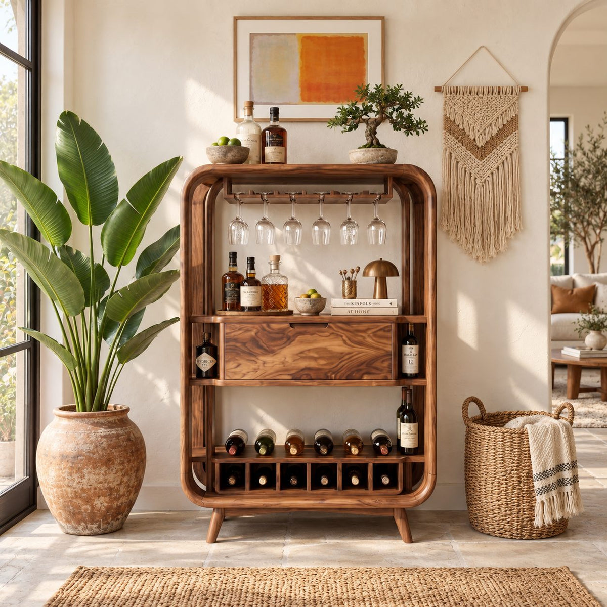 Bentwood Frame Bar Cabinet with Stemware Rack, Center Drawer and Wine Rail, Solid Wood Open Bar Hutch