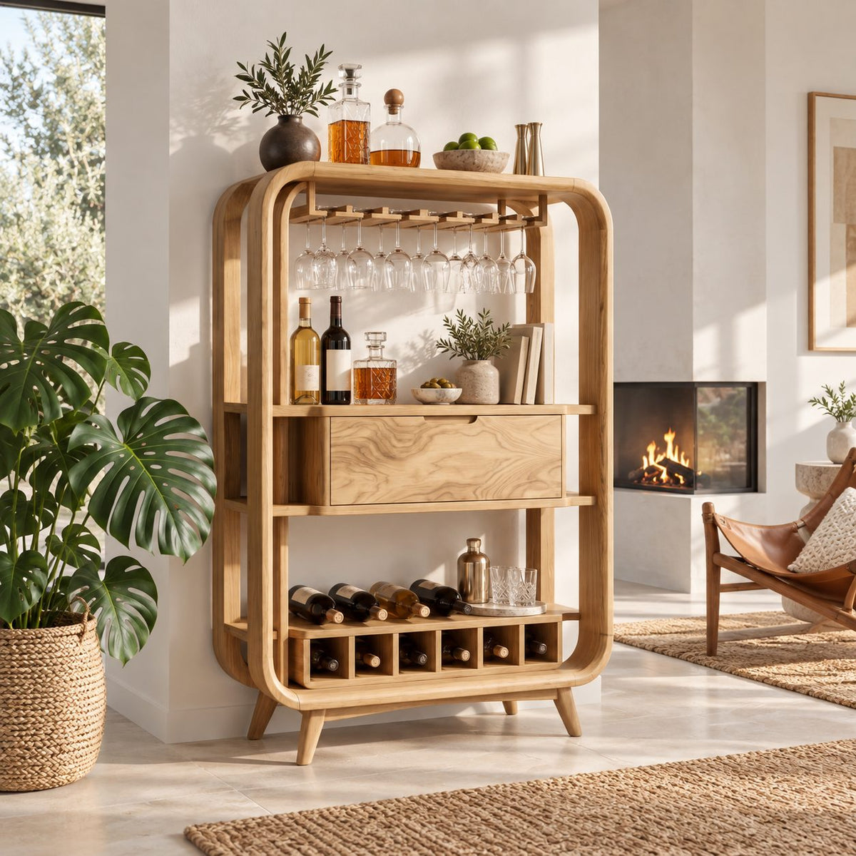 Bentwood Frame Bar Cabinet with Stemware Rack, Center Drawer and Wine Rail, Solid Wood Open Bar Hutch
