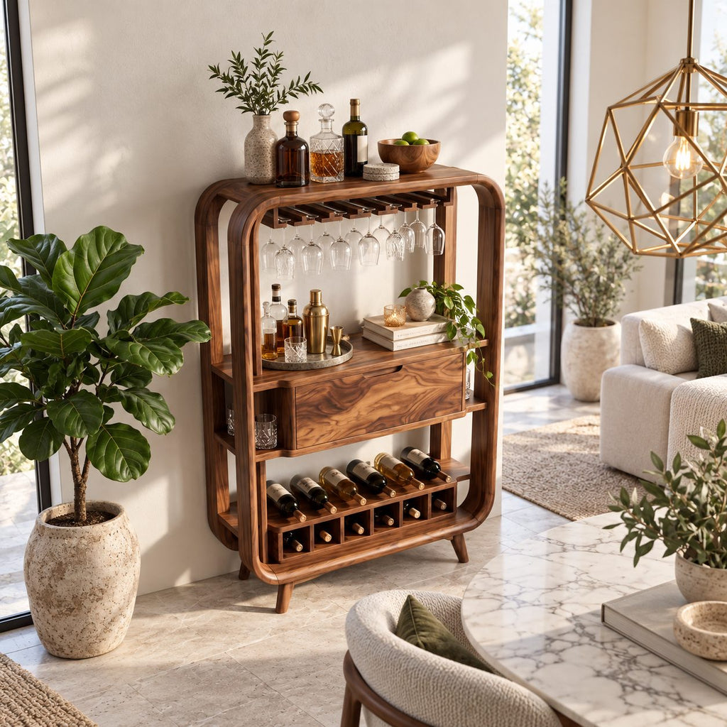 Bentwood Frame Bar Cabinet with Stemware Rack, Center Drawer and Wine Rail, Solid Wood Open Bar Hutch