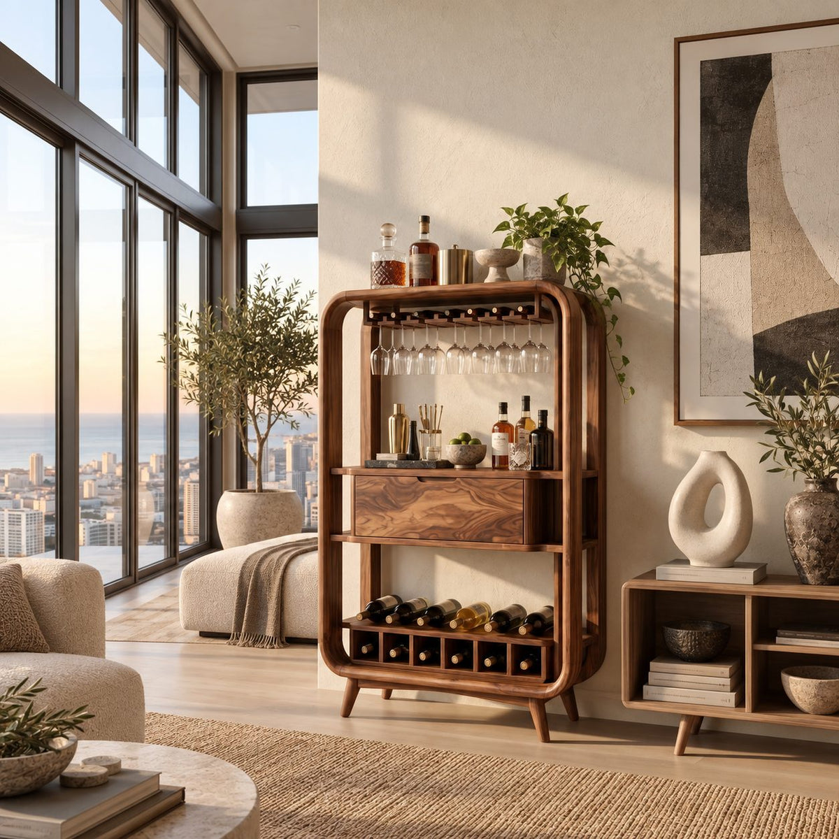 Bentwood Frame Bar Cabinet with Stemware Rack, Center Drawer and Wine Rail, Solid Wood Open Bar Hutch