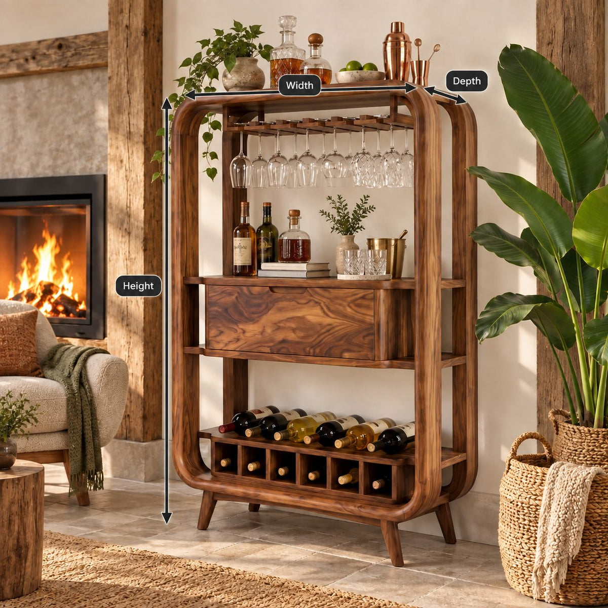 Bentwood Frame Bar Cabinet with Stemware Rack, Center Drawer and Wine Rail, Solid Wood Open Bar Hutch