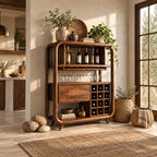 Open Rounded Frame Wine Cabinet with Bottle Shelf, Stemware Rail and Wine Grid, Solid Wood Bar Hutch