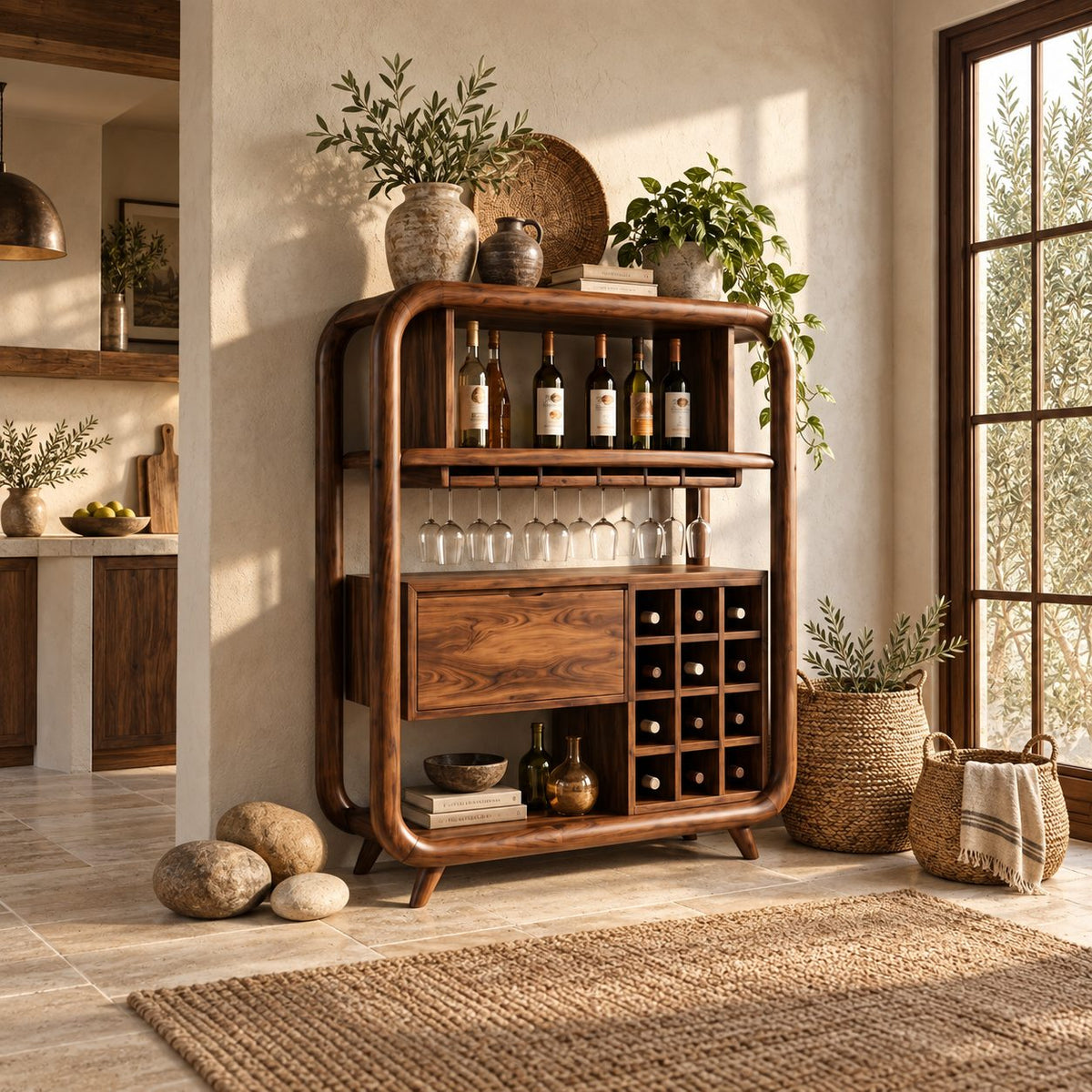 Open Rounded Frame Wine Cabinet with Bottle Shelf, Stemware Rail and Wine Grid, Solid Wood Bar Hutch
