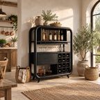 Open Rounded Frame Wine Cabinet with Bottle Shelf, Stemware Rail and Wine Grid, Solid Wood Bar Hutch