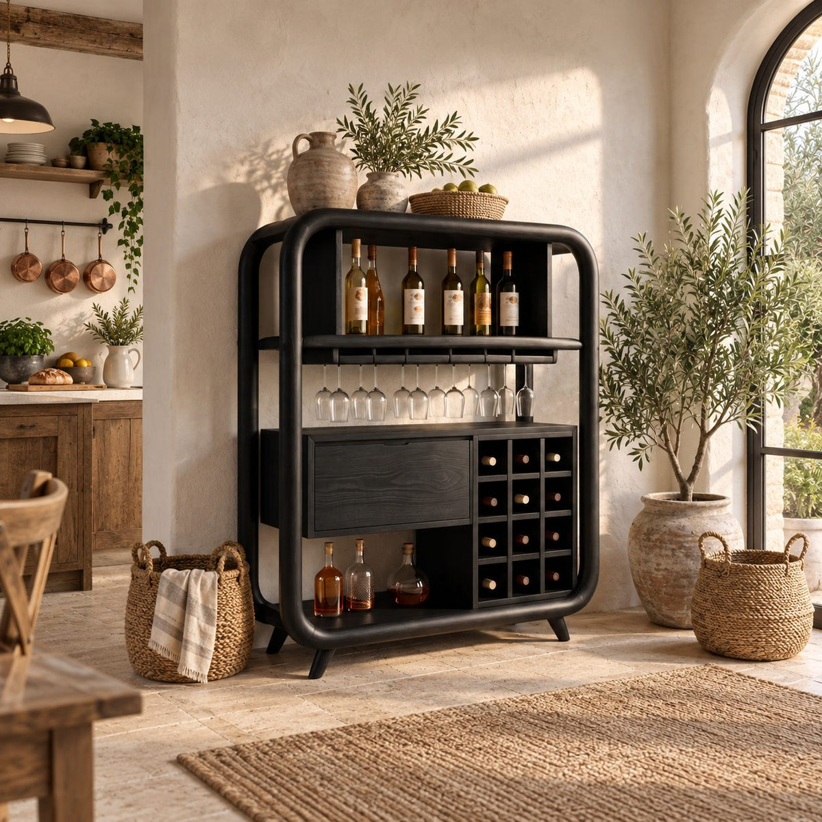 Open Rounded Frame Wine Cabinet with Bottle Shelf, Stemware Rail and Wine Grid, Solid Wood Bar Hutch