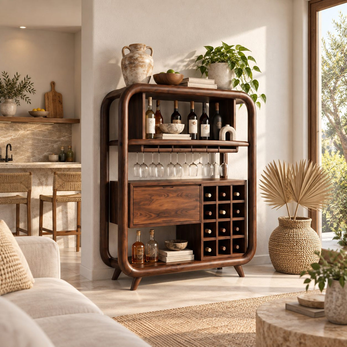 Open Rounded Frame Wine Cabinet with Bottle Shelf, Stemware Rail and Wine Grid, Solid Wood Bar Hutch