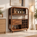 Open Rounded Frame Wine Cabinet with Bottle Shelf, Stemware Rail and Wine Grid, Solid Wood Bar Hutch