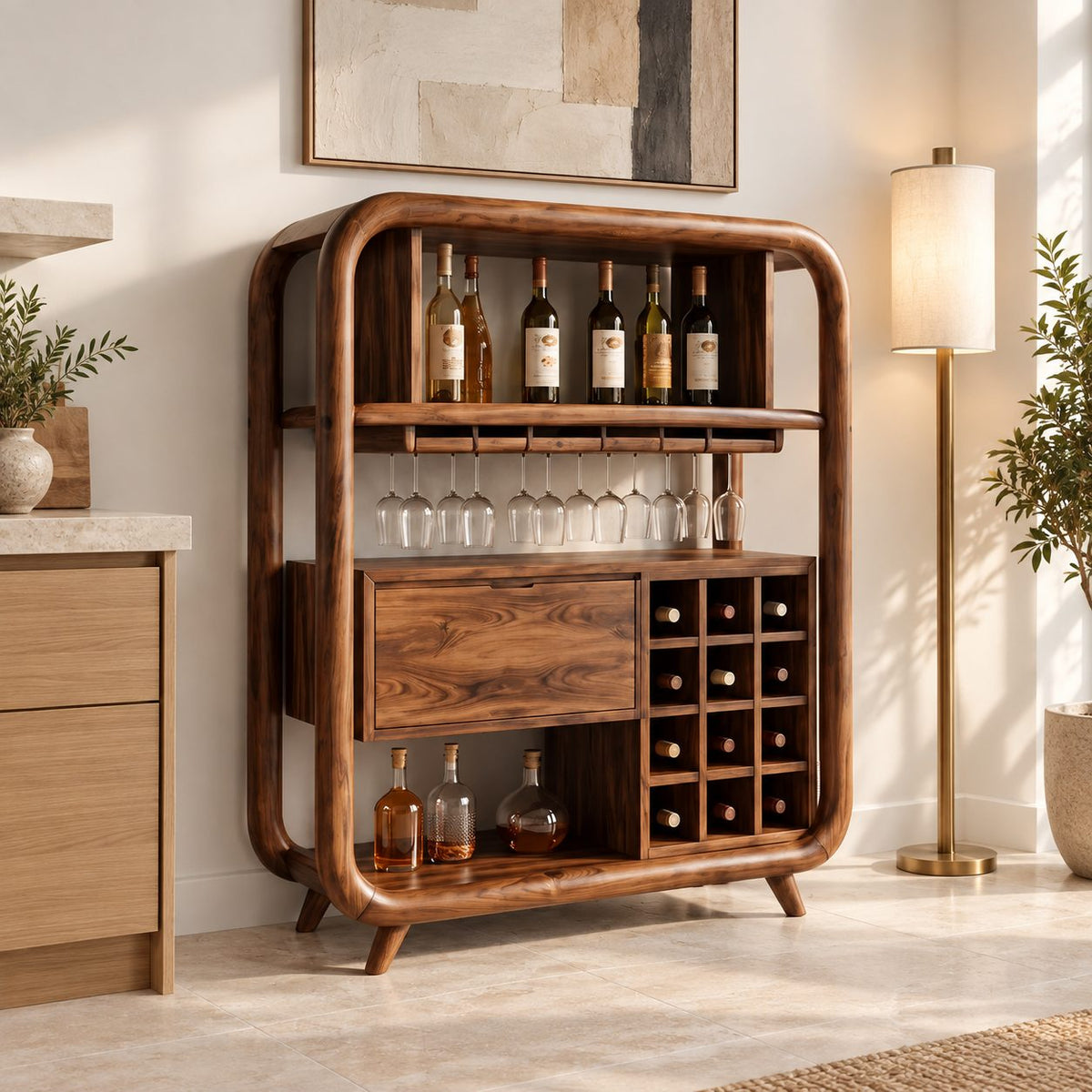 Open Rounded Frame Wine Cabinet with Bottle Shelf, Stemware Rail and Wine Grid, Solid Wood Bar Hutch