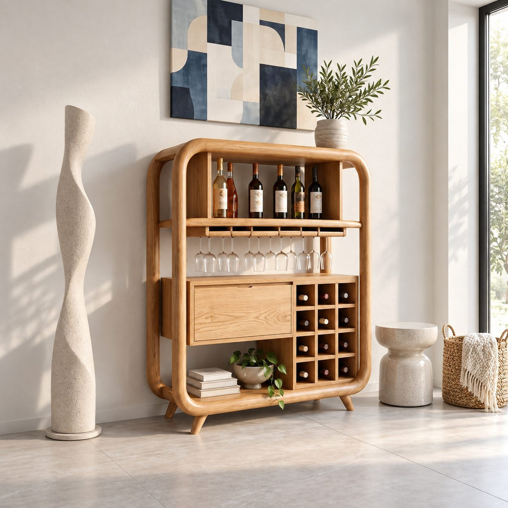 Open Rounded Frame Wine Cabinet with Bottle Shelf, Stemware Rail and Wine Grid, Solid Wood Bar Hutch