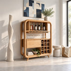 Open Rounded Frame Wine Cabinet with Bottle Shelf, Stemware Rail and Wine Grid, Solid Wood Bar Hutch