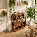 Open Rounded Frame Wine Cabinet with Bottle Shelf, Stemware Rail and Wine Grid, Solid Wood Bar Hutch