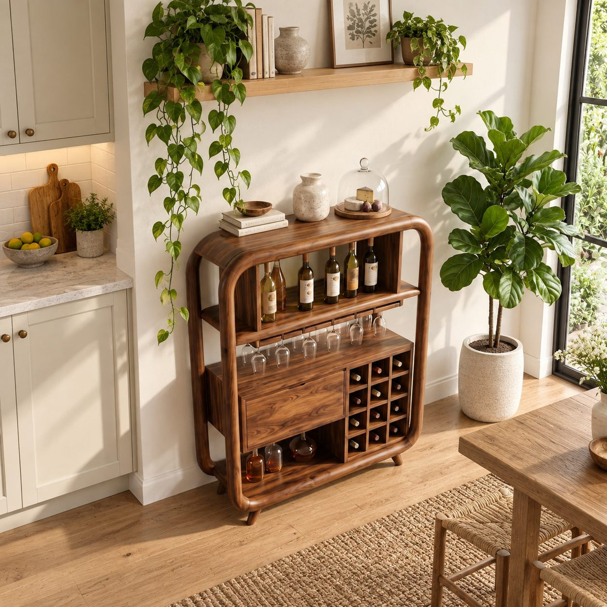 Open Rounded Frame Wine Cabinet with Bottle Shelf, Stemware Rail and Wine Grid, Solid Wood Bar Hutch