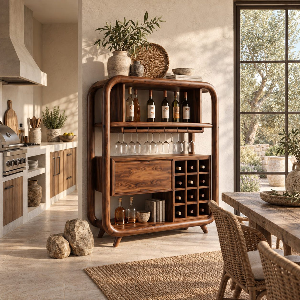 Open Rounded Frame Wine Cabinet with Bottle Shelf, Stemware Rail and Wine Grid, Solid Wood Bar Hutch