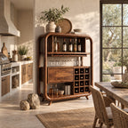 Open Rounded Frame Wine Cabinet with Bottle Shelf, Stemware Rail and Wine Grid, Solid Wood Bar Hutch