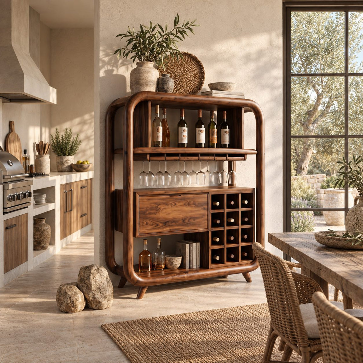 Open Rounded Frame Wine Cabinet with Bottle Shelf, Stemware Rail and Wine Grid, Solid Wood Bar Hutch