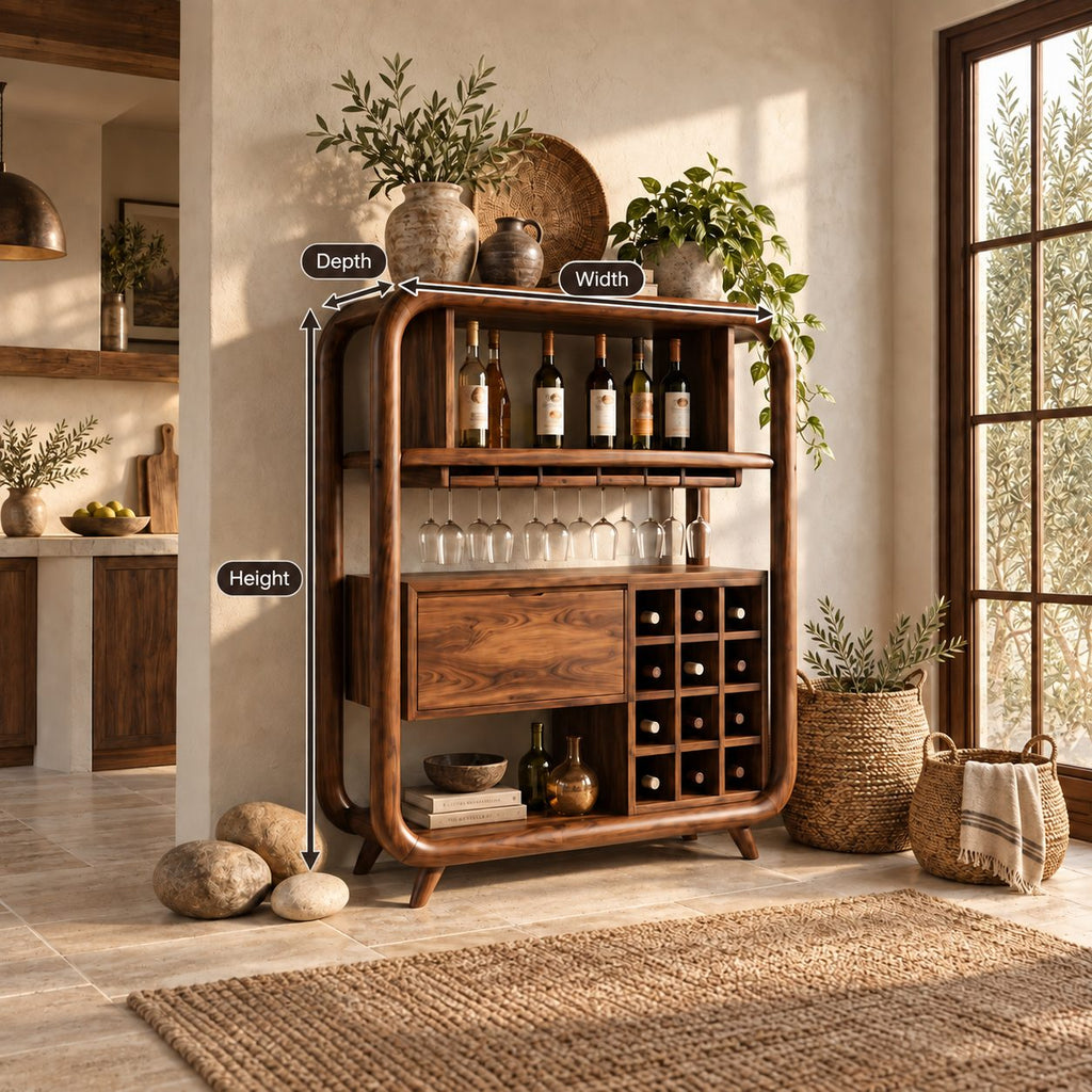 Open Rounded Frame Wine Cabinet with Bottle Shelf, Stemware Rail and Wine Grid, Solid Wood Bar Hutch