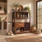 Open Rounded Frame Wine Cabinet with Bottle Shelf, Stemware Rail and Wine Grid, Solid Wood Bar Hutch