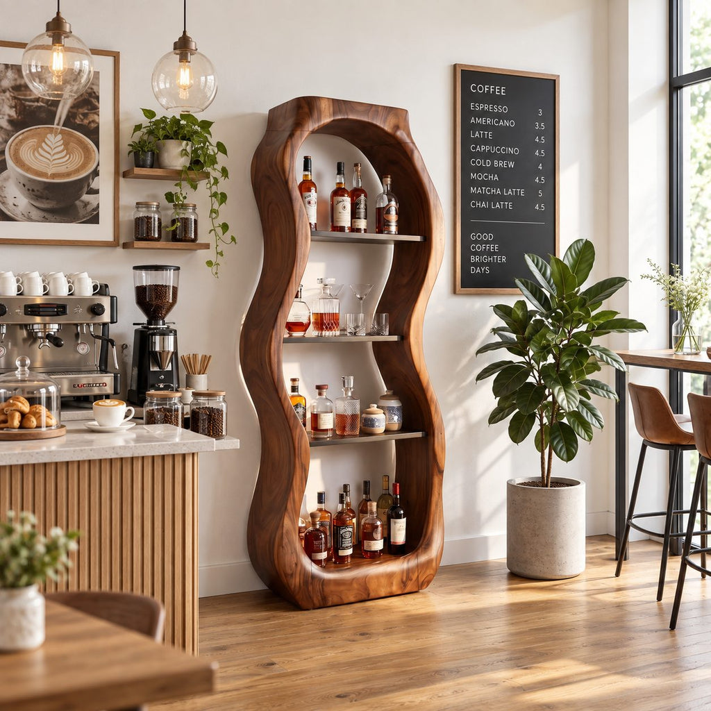 Pebble Curved Liquor Cabinet with Four Open Shelves, Hand Carved Solid Wood Tall Bar Display Tower