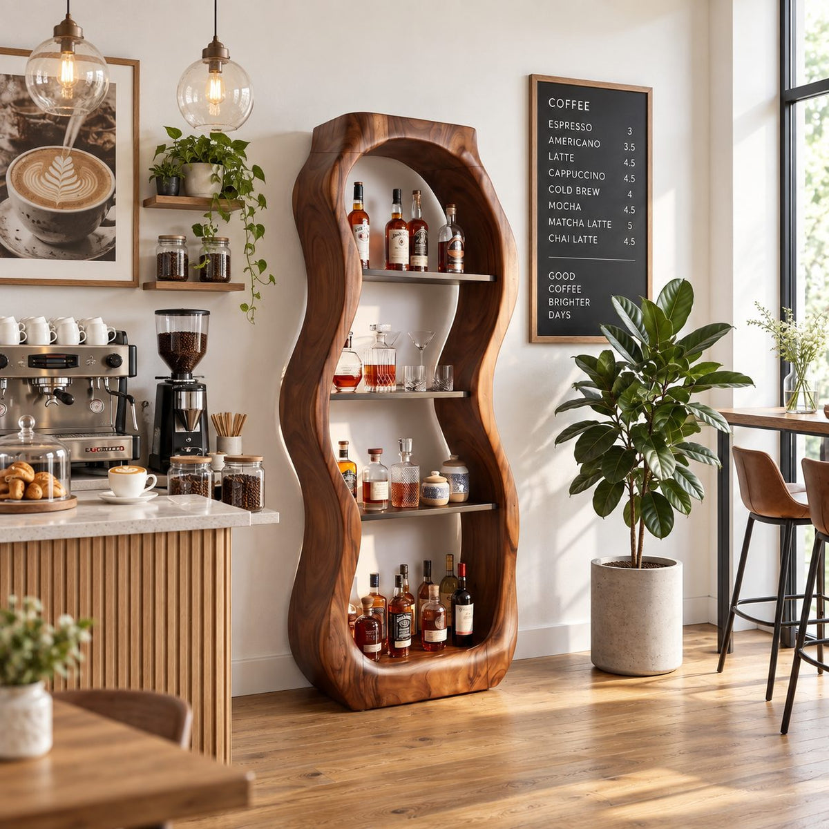 Pebble Curved Liquor Cabinet with Four Open Shelves, Hand Carved Solid Wood Tall Bar Display Tower