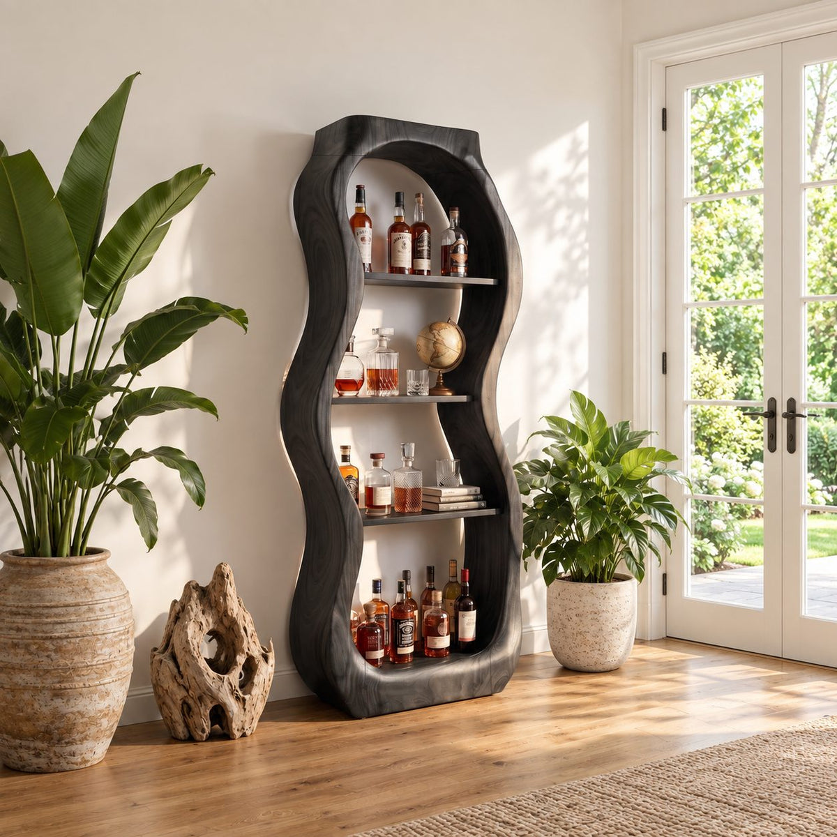 Pebble Curved Liquor Cabinet with Four Open Shelves, Hand Carved Solid Wood Tall Bar Display Tower