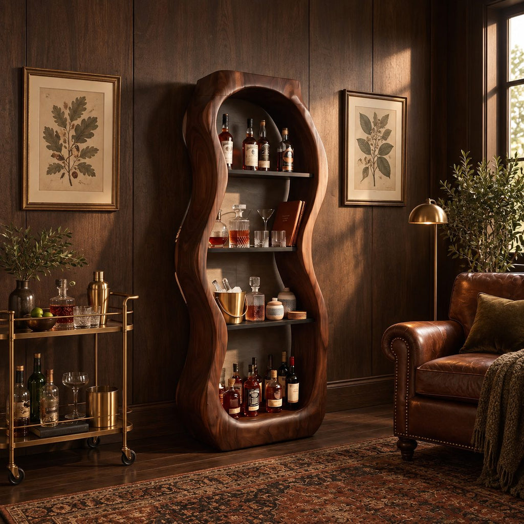 Pebble Curved Liquor Cabinet with Four Open Shelves, Hand Carved Solid Wood Tall Bar Display Tower