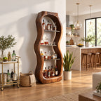 Pebble Curved Liquor Cabinet with Four Open Shelves, Hand Carved Solid Wood Tall Bar Display Tower