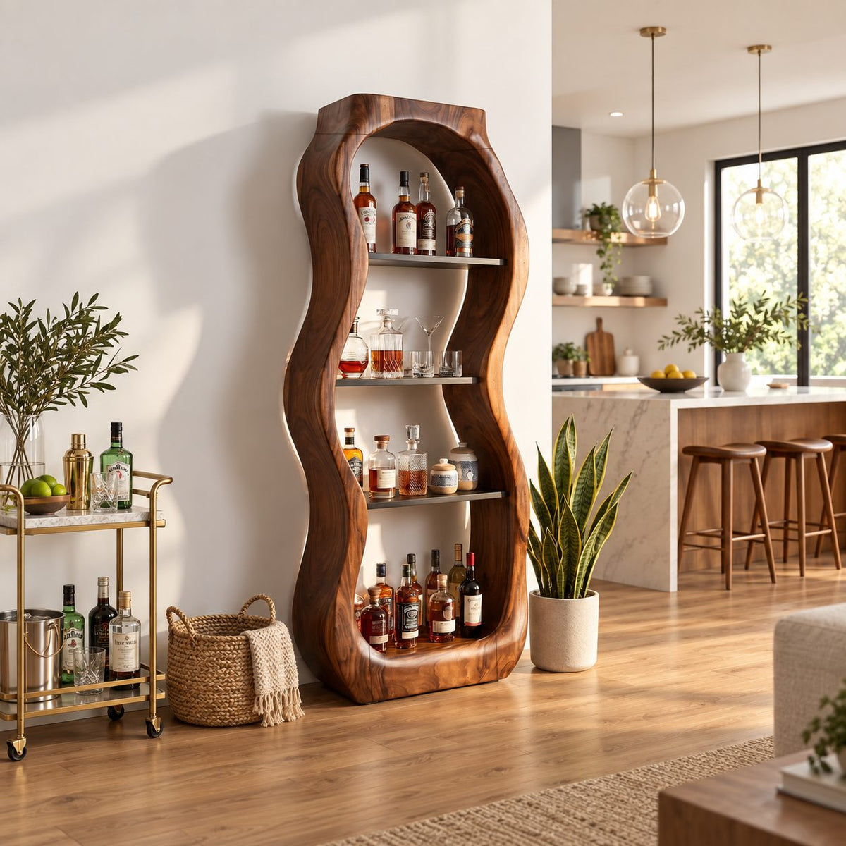 Pebble Curved Liquor Cabinet with Four Open Shelves, Hand Carved Solid Wood Tall Bar Display Tower