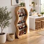 Pebble Curved Liquor Cabinet with Four Open Shelves, Hand Carved Solid Wood Tall Bar Display Tower