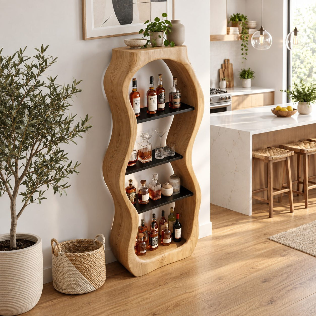 Pebble Curved Liquor Cabinet with Four Open Shelves, Hand Carved Solid Wood Tall Bar Display Tower