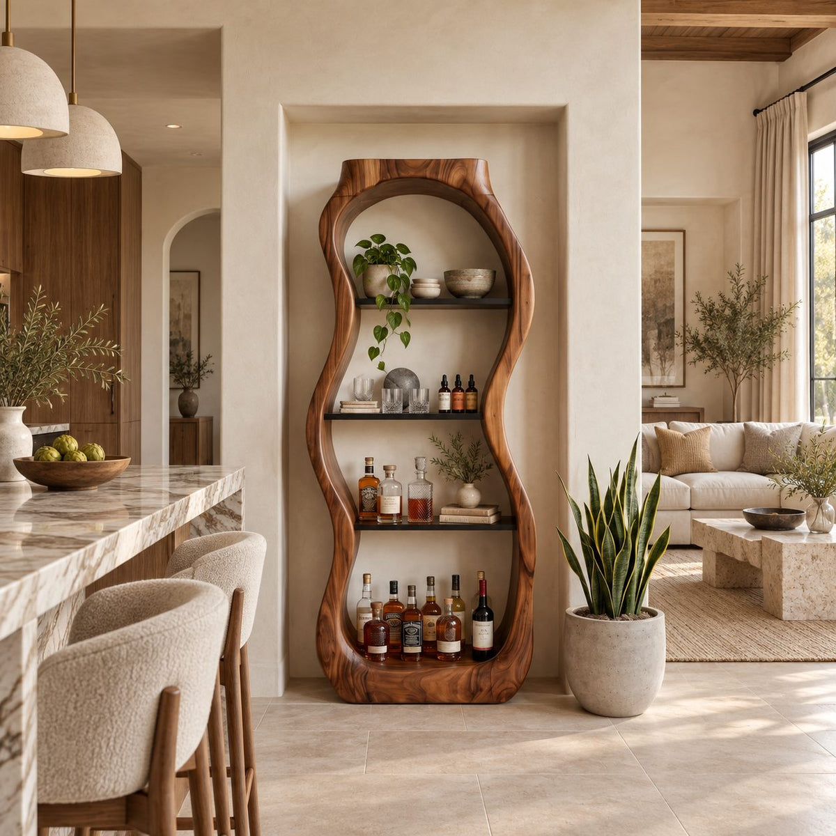 Pebble Curved Liquor Cabinet with Four Open Shelves, Hand Carved Solid Wood Tall Bar Display Tower