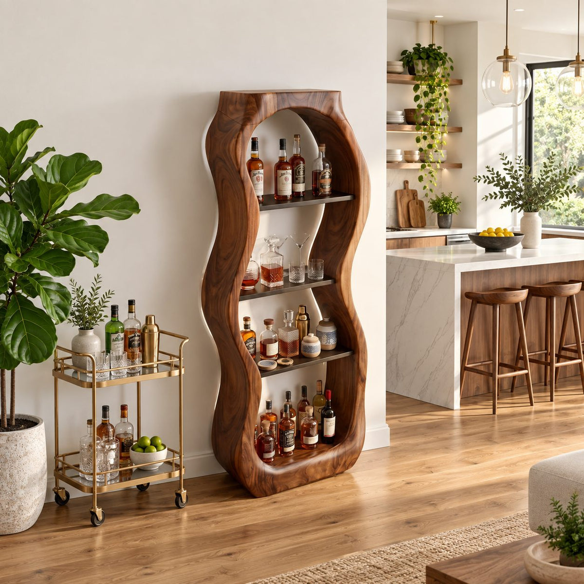 Pebble Curved Liquor Cabinet with Four Open Shelves, Hand Carved Solid Wood Tall Bar Display Tower