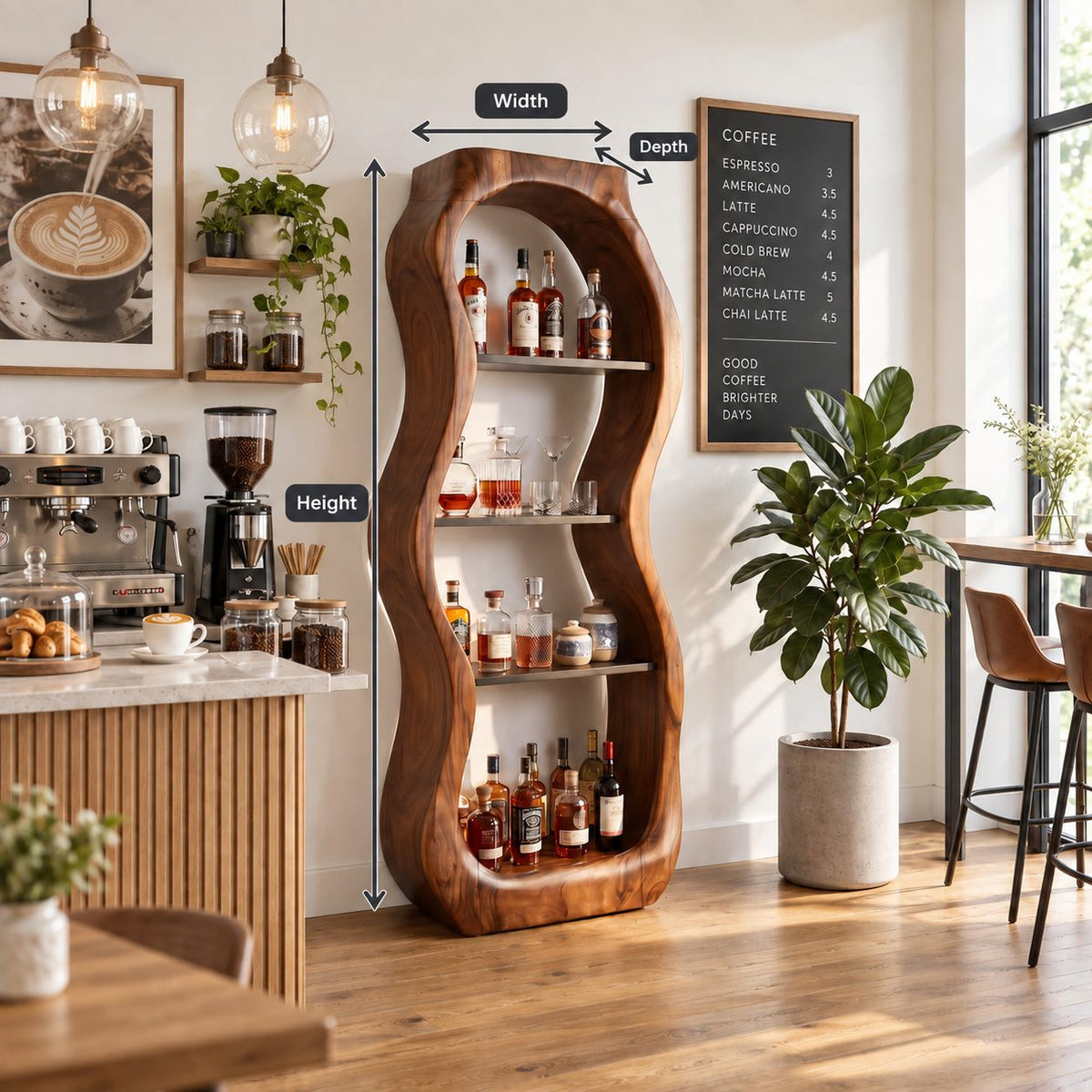 Pebble Curved Liquor Cabinet with Four Open Shelves, Hand Carved Solid Wood Tall Bar Display Tower
