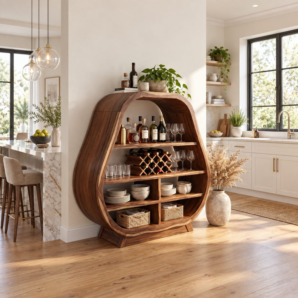 Pear Shaped Bar Cabinet with Lattice Wine Rack and Open Shelves, Solid Wood Rounded Kitchen Bar Hutch
