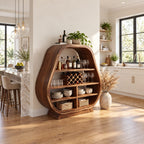 Pear Shaped Bar Cabinet with Lattice Wine Rack and Open Shelves, Solid Wood Rounded Kitchen Bar Hutch
