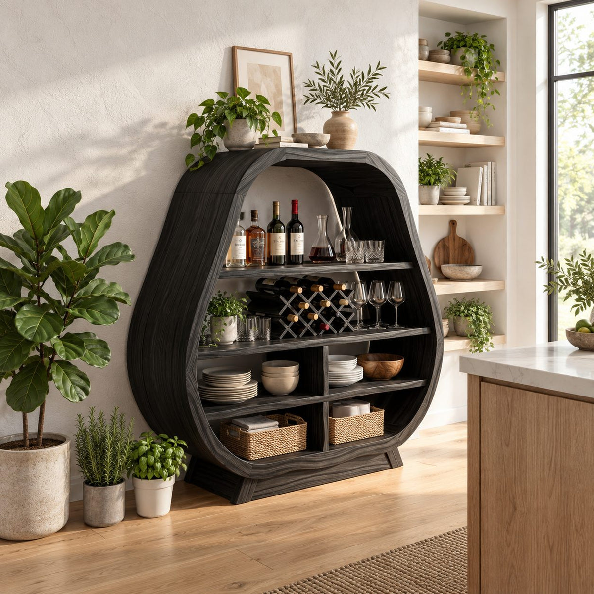Pear Shaped Bar Cabinet with Lattice Wine Rack and Open Shelves, Solid Wood Rounded Kitchen Bar Hutch