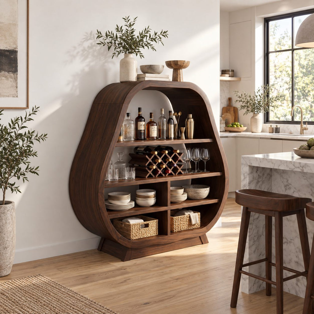 Pear Shaped Bar Cabinet with Lattice Wine Rack and Open Shelves, Solid Wood Rounded Kitchen Bar Hutch