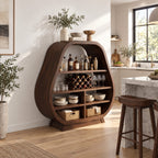 Pear Shaped Bar Cabinet with Lattice Wine Rack and Open Shelves, Solid Wood Rounded Kitchen Bar Hutch