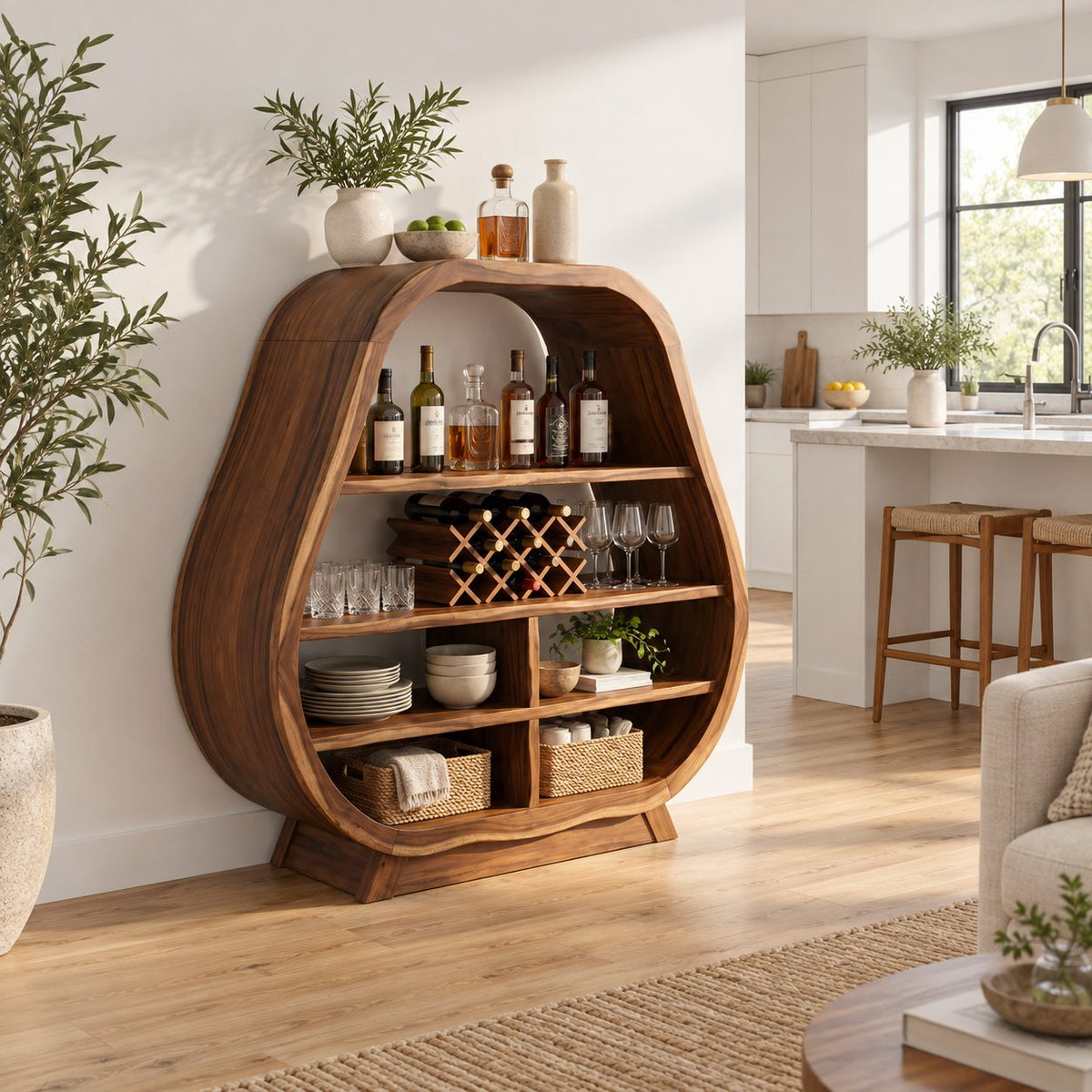 Pear Shaped Bar Cabinet with Lattice Wine Rack and Open Shelves, Solid Wood Rounded Kitchen Bar Hutch