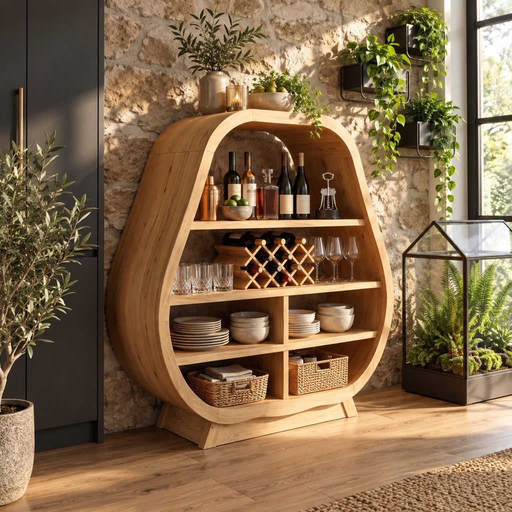 Pear Shaped Bar Cabinet with Lattice Wine Rack and Open Shelves, Solid Wood Rounded Kitchen Bar Hutch
