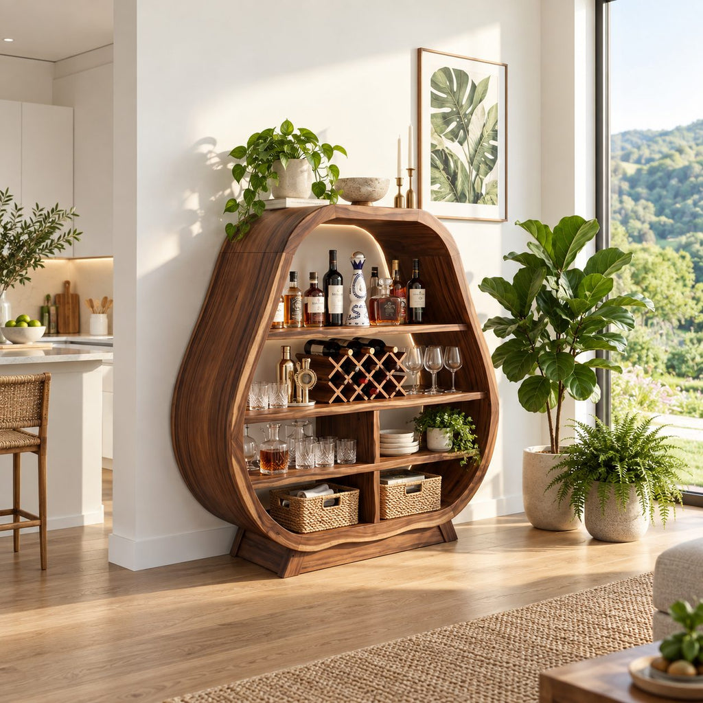 Pear Shaped Bar Cabinet with Lattice Wine Rack and Open Shelves, Solid Wood Rounded Kitchen Bar Hutch