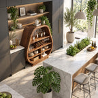 Pear Shaped Bar Cabinet with Lattice Wine Rack and Open Shelves, Solid Wood Rounded Kitchen Bar Hutch