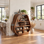 Pear Shaped Bar Cabinet with Lattice Wine Rack and Open Shelves, Solid Wood Rounded Kitchen Bar Hutch