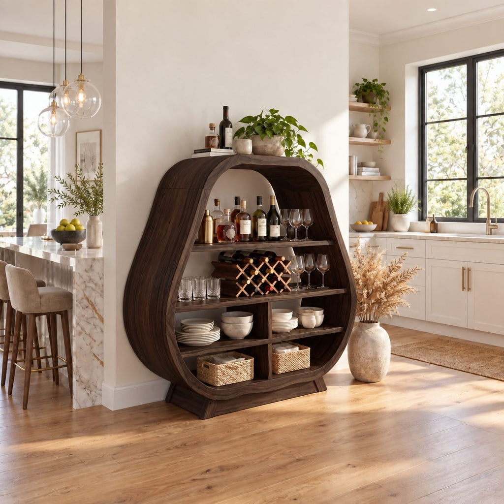 Pear Shaped Bar Cabinet with Lattice Wine Rack and Open Shelves, Solid Wood Rounded Kitchen Bar Hutch