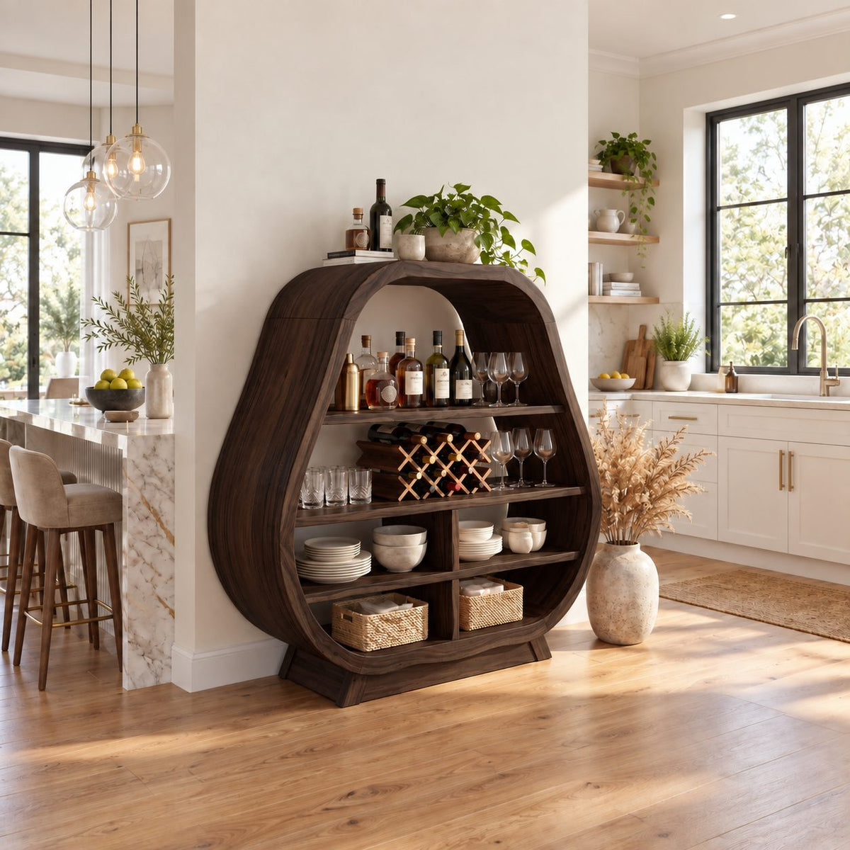 Pear Shaped Bar Cabinet with Lattice Wine Rack and Open Shelves, Solid Wood Rounded Kitchen Bar Hutch