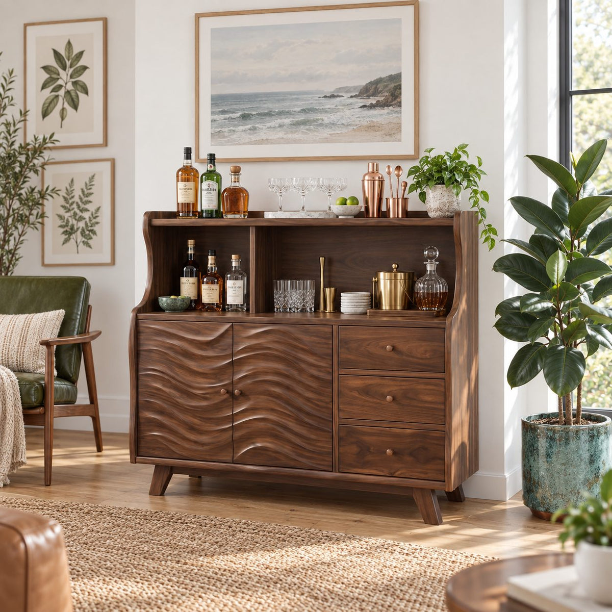 Wave Front Liquor Cabinet with Carved Doors, Drawers and Open Hutch, Solid Wood Bar Sideboard Buffet
