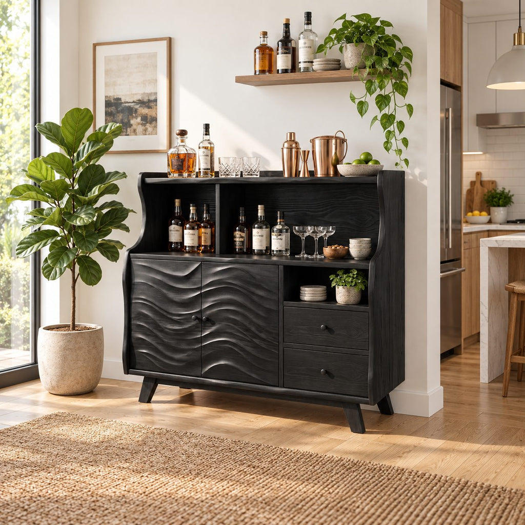 Wave Front Liquor Cabinet with Carved Doors, Drawers and Open Hutch, Solid Wood Bar Sideboard Buffet