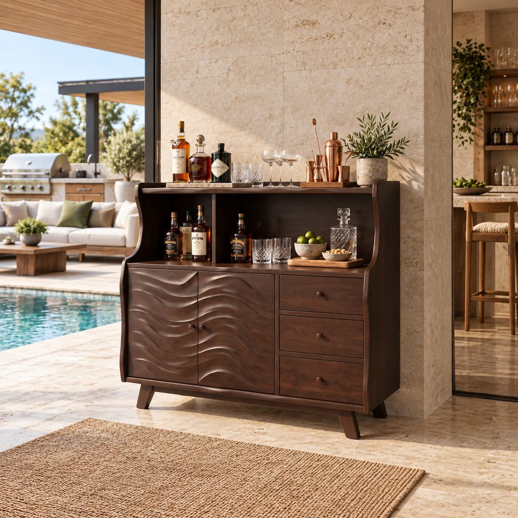 Wave Front Liquor Cabinet with Carved Doors, Drawers and Open Hutch, Solid Wood Bar Sideboard Buffet