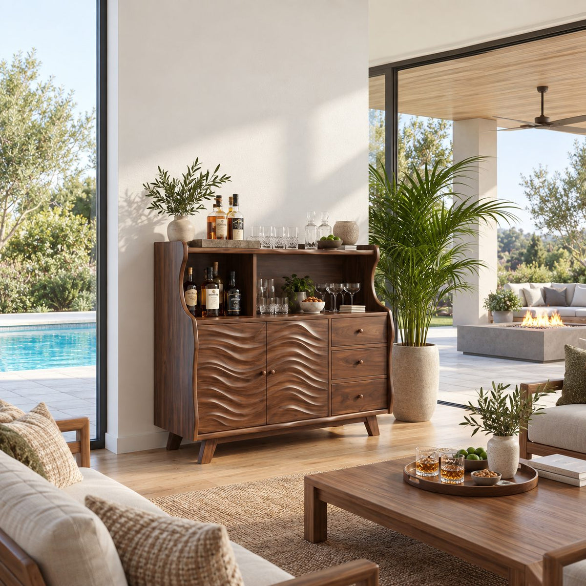 Wave Front Liquor Cabinet with Carved Doors, Drawers and Open Hutch, Solid Wood Bar Sideboard Buffet