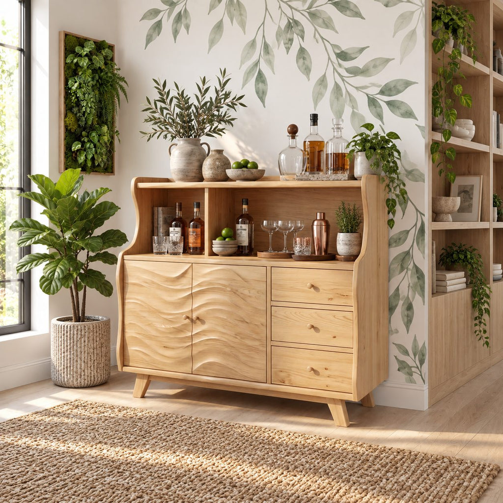 Wave Front Liquor Cabinet with Carved Doors, Drawers and Open Hutch, Solid Wood Bar Sideboard Buffet